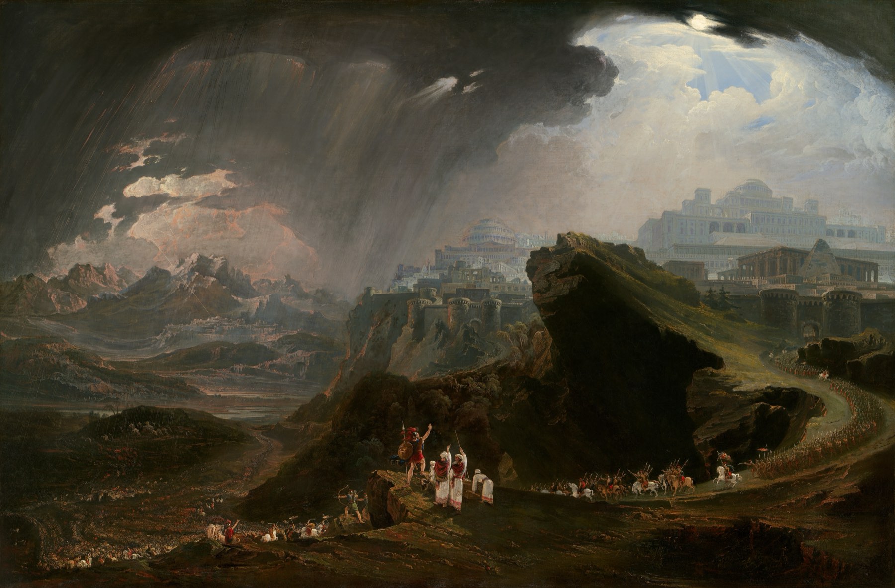 Joshua Commanding the Sun to Stand Still upon Gibeon &mdash; John Martin&rsquo;s painting of a storm-lit battlefield beneath a darkened sky