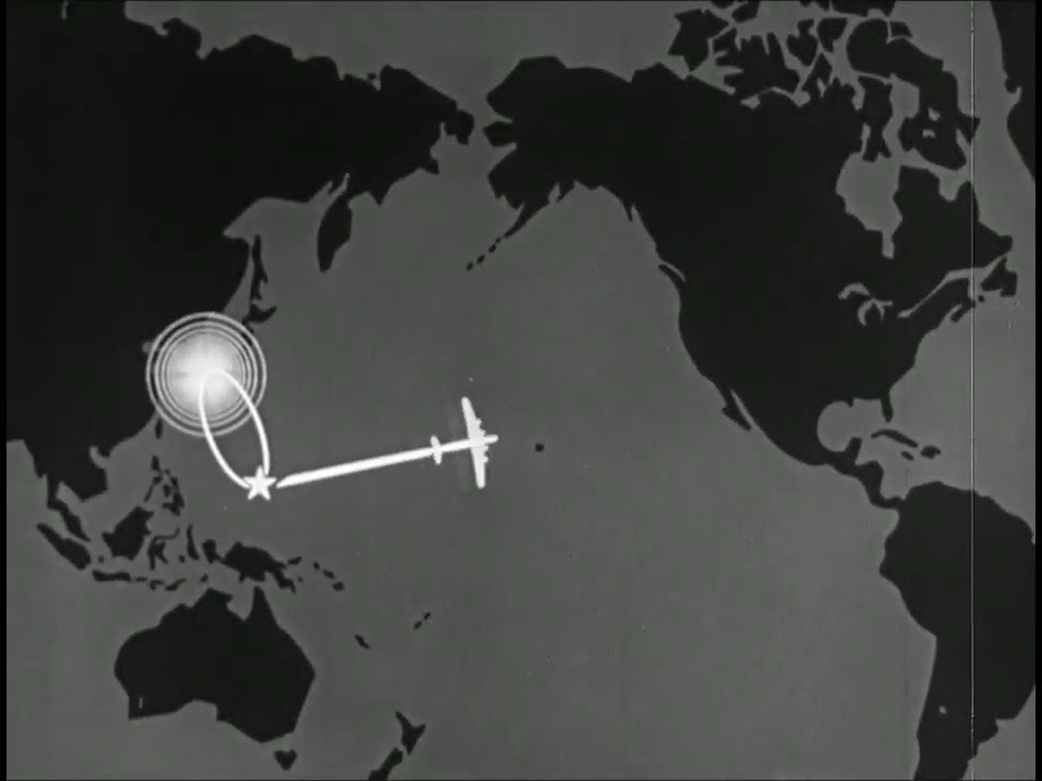 A world map from the film One World or None, with a bomber&rsquo;s path drawn across the Pacific toward a blast over Japan