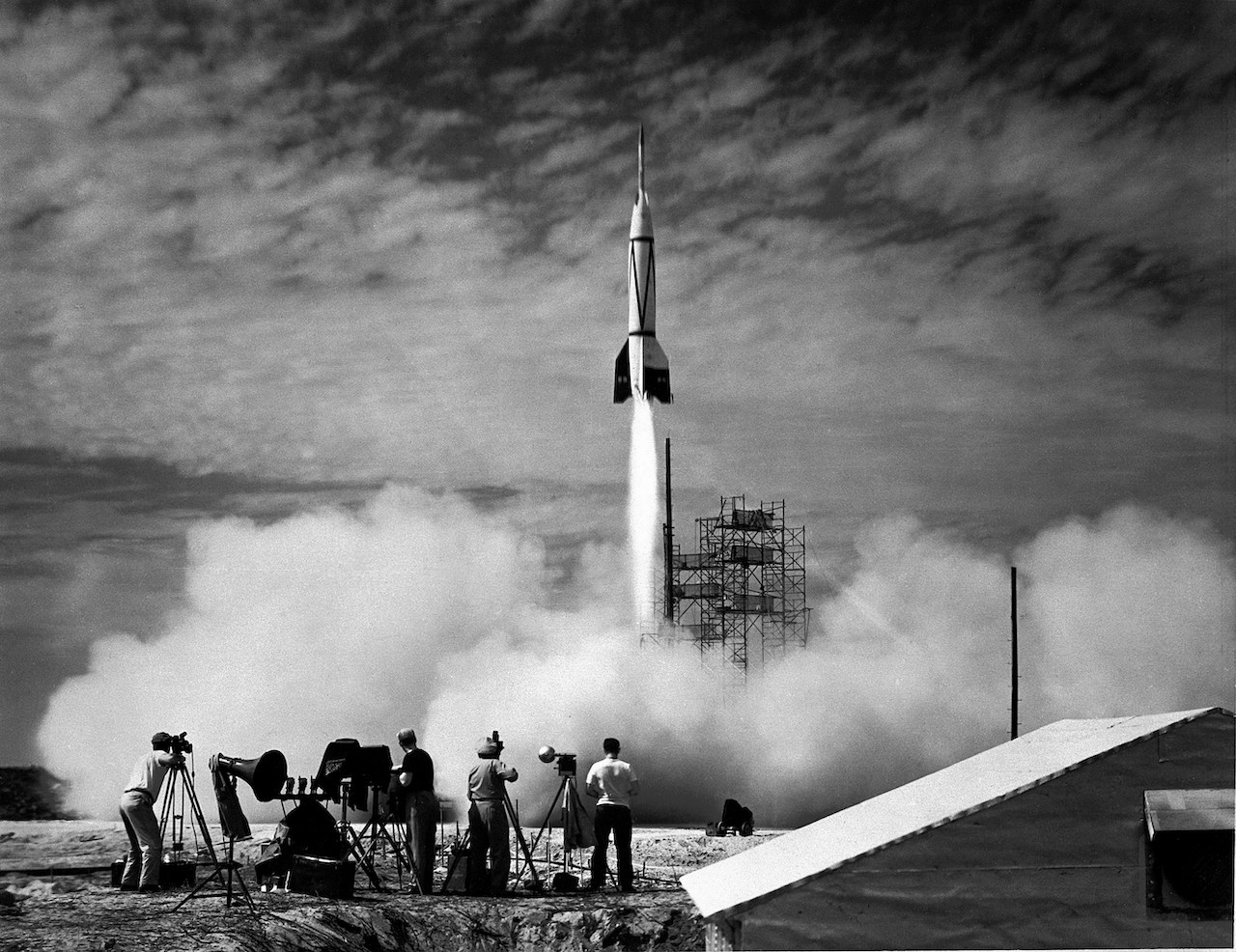 A V-2 rocket lifting off from its launch pad